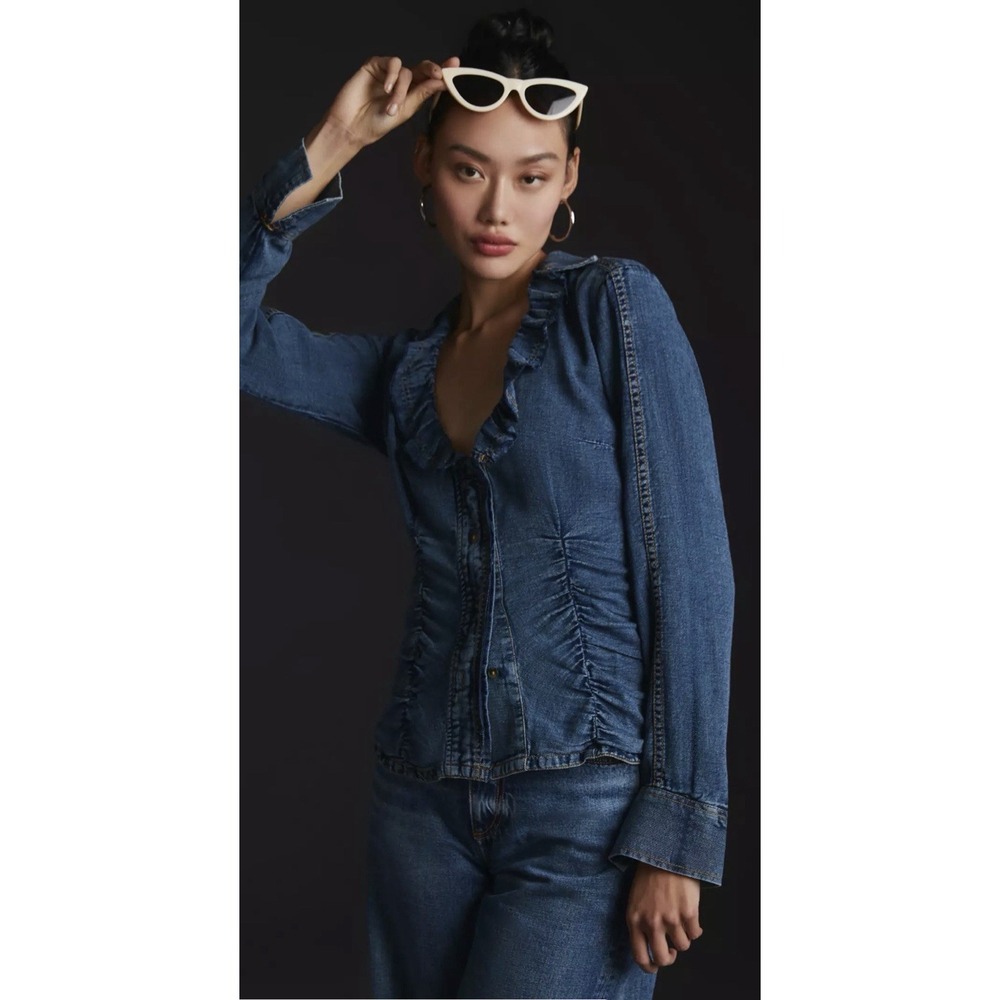 Anthropologie Pilcro Denim Shirred Waist Ruffle Neck Blouse Sz‎ XXS Boho Western